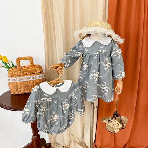 Long sleeve doll collar flower embroidered skirt ha clothes climbing clothes jumpsuit sister outfit